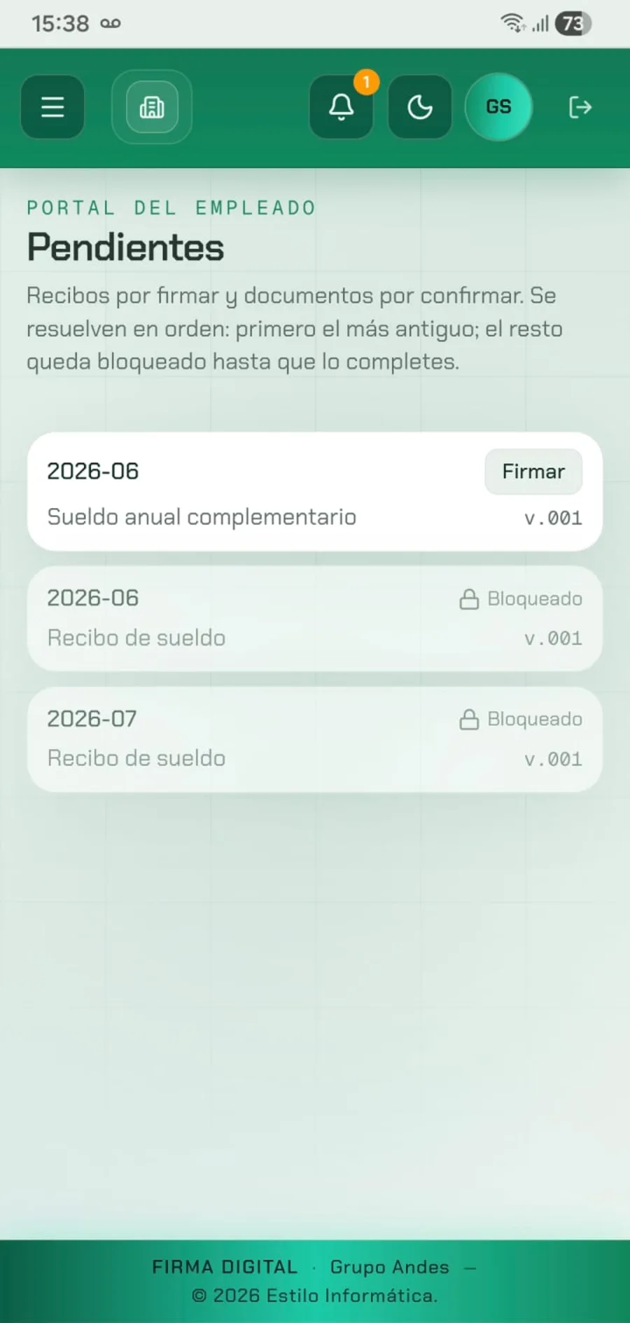 Portal del empleado en el celular, con los documentos pendientes de firma
